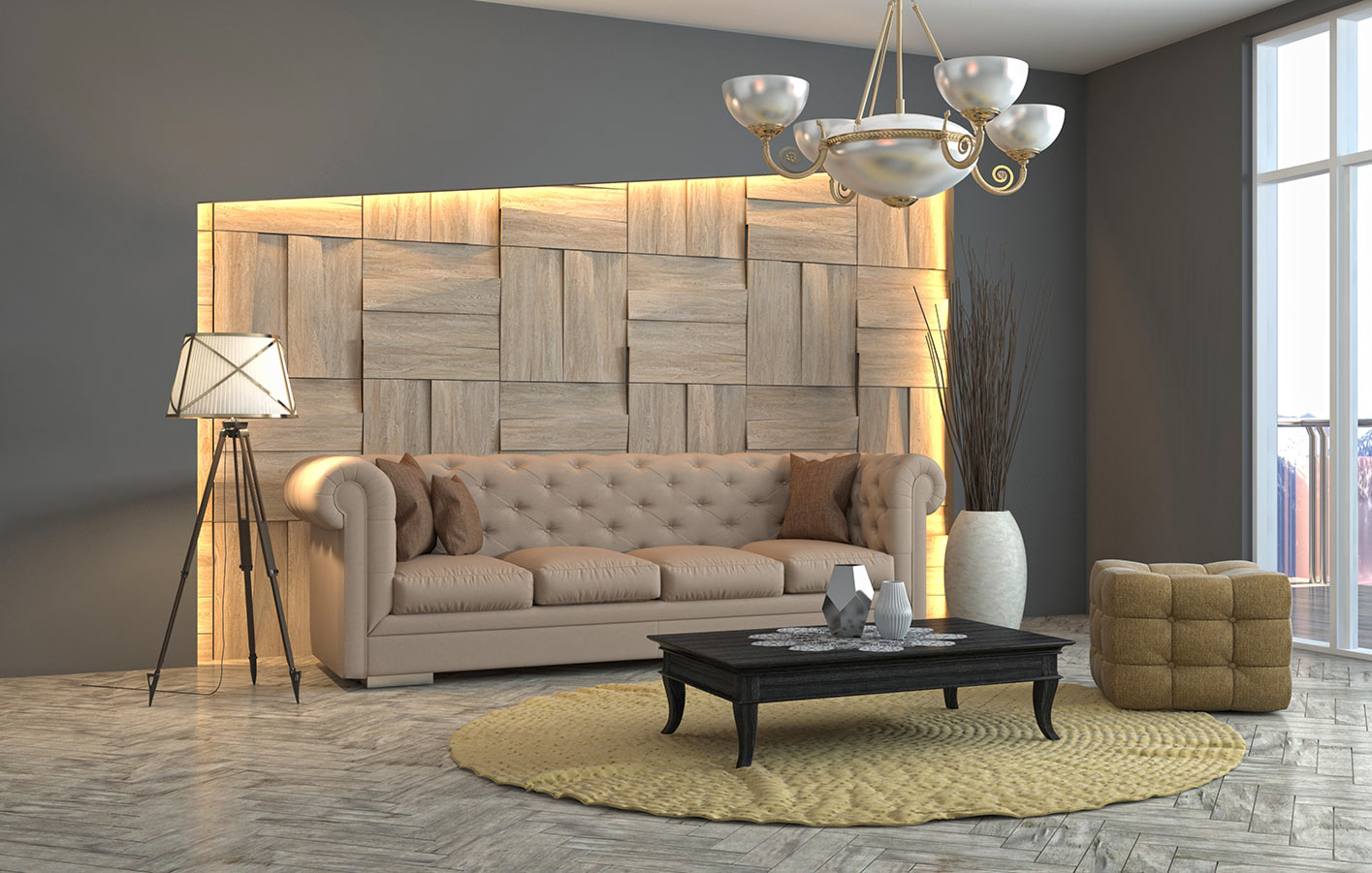 3D-Paneele in Holz für kretive Effekte im modernen Wohnen minimalistisch eingerichteter Raum mit moderner Holzwandgestaltung