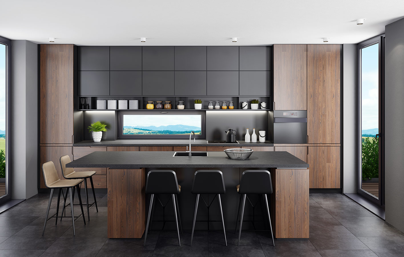 Designboden - der moderne Bodenbelag für die Küche moderne dunkle Küche mit Designboden bzw. Steinboden