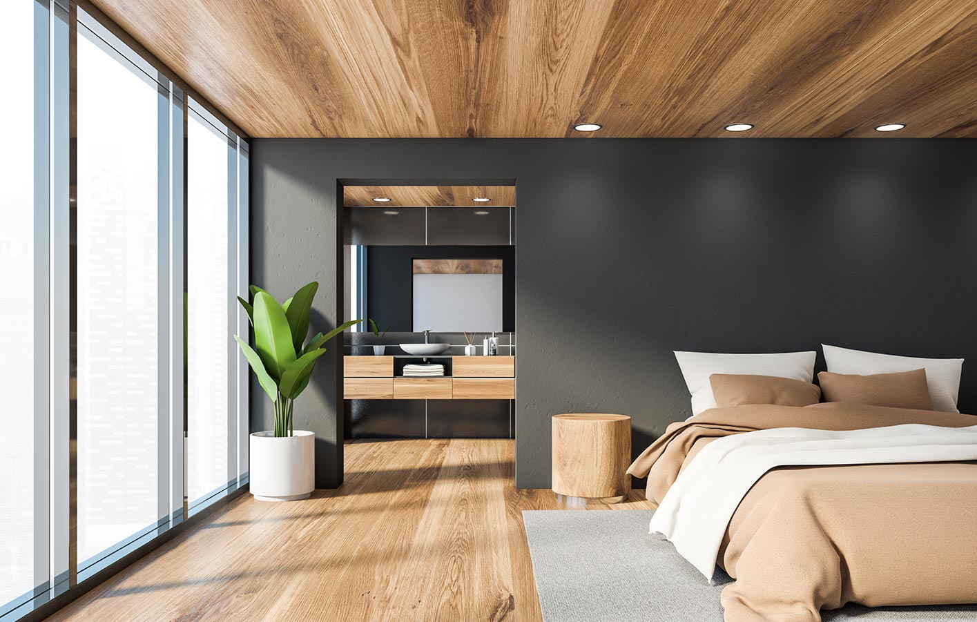 Moderne Decken aus Holz - Paneele und Holzpaneel Modernes Schlafzimmer mit Holzboden und Holzdecke